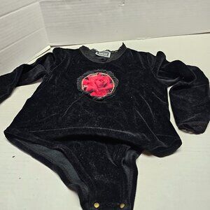 Versace Young Girl Black Lace Leotard Top Snap Bottom Red Rose Center Velvet